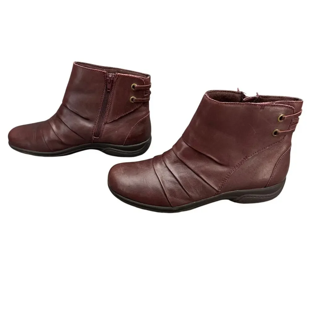Clarks Collection Christine Burgundy Leather Side Zip Ankle Boot Women 9.5